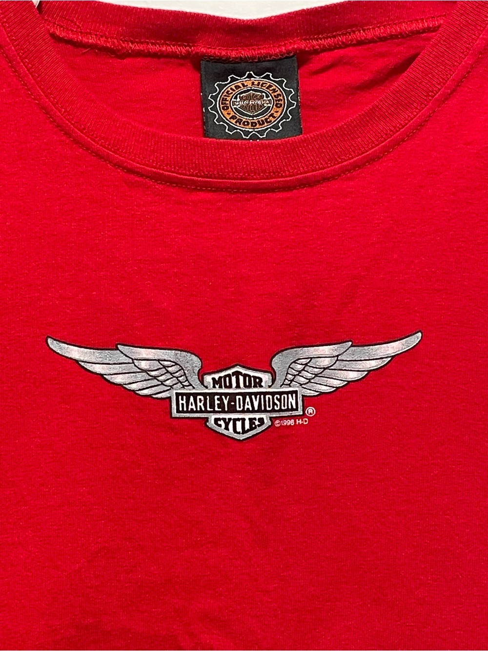 Hot & Cropped! Vintage Harley-Davidson Sz M Bold Red Top Crew Winged Chest Logo - Picture 3 of 9
